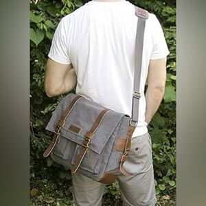 🥳Canvas Messenger Bag Gray with Brown Trim